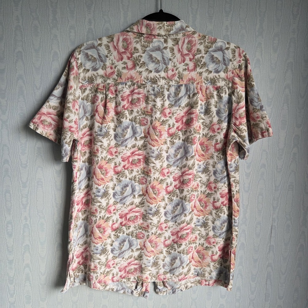 Vtg 70s 80s Womens M Linen Blend Floral Button Down Short Sleeve Shirt Pastel - Picture 3 of 7